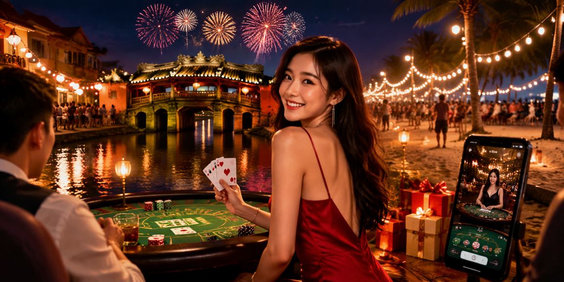 Cảnh chợ đêm Hội An lung linh đèn lồng, gợi liên tưởng đến trải nghiệm baccarat live casino về đêm